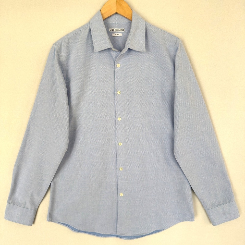 Zara Men's Slim Fit Blue Textured Long Sleeve Button‎ Down Shirt Size L